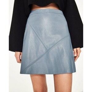 Zara Basic Blue Vegan Faux Leather Mini Skirt A-Line Paneled Geometric Small